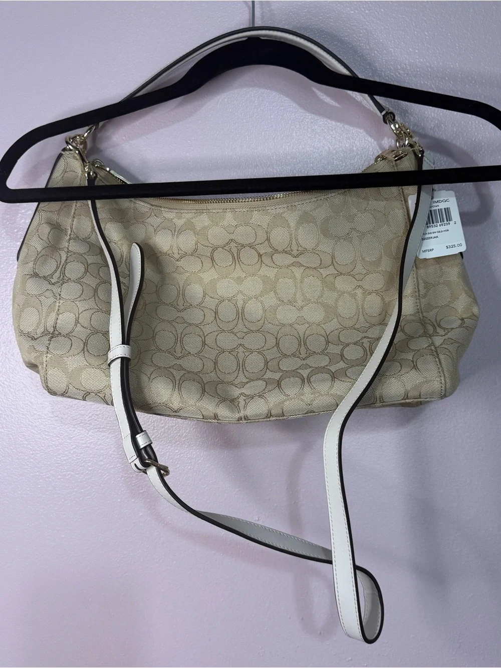 NWT Coach Signature Jaquard Canvas Shoulder Bag in Khaki with Chalk Trim & Strap